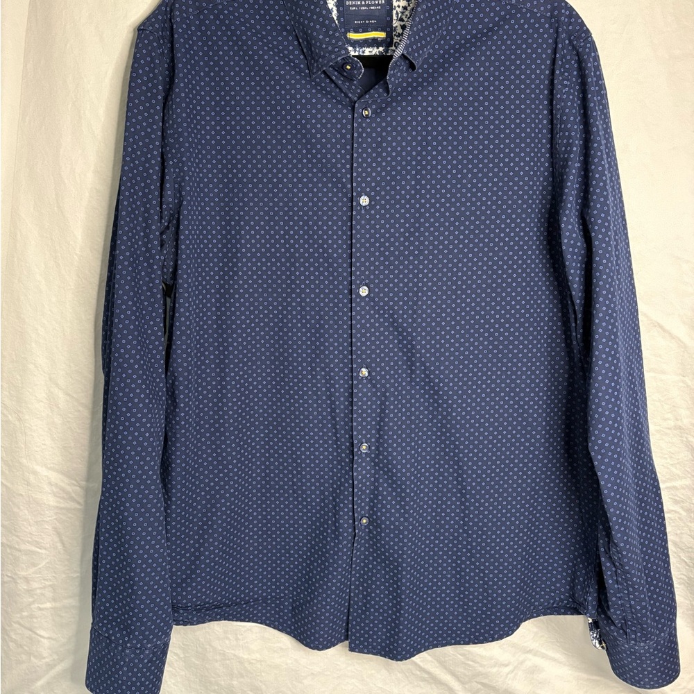 Denim & Flower Ricky Singh Men’s Shirt – Navy Blue Button Down, Print, Size L